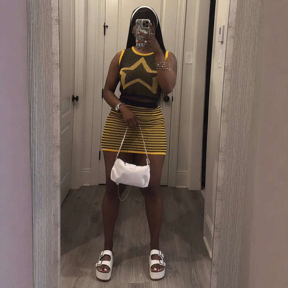 Summer New Knitted Fashion Personality Slim Sexy Bodycon Dress Vest Set B5