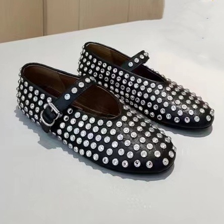 Ddmysheep Ddmysheep One Strap Ballet Hollow Mary Jane Women Genuine Leather Rhinestone Flat Evening Round Toe Shallow Mouth Single Shoes