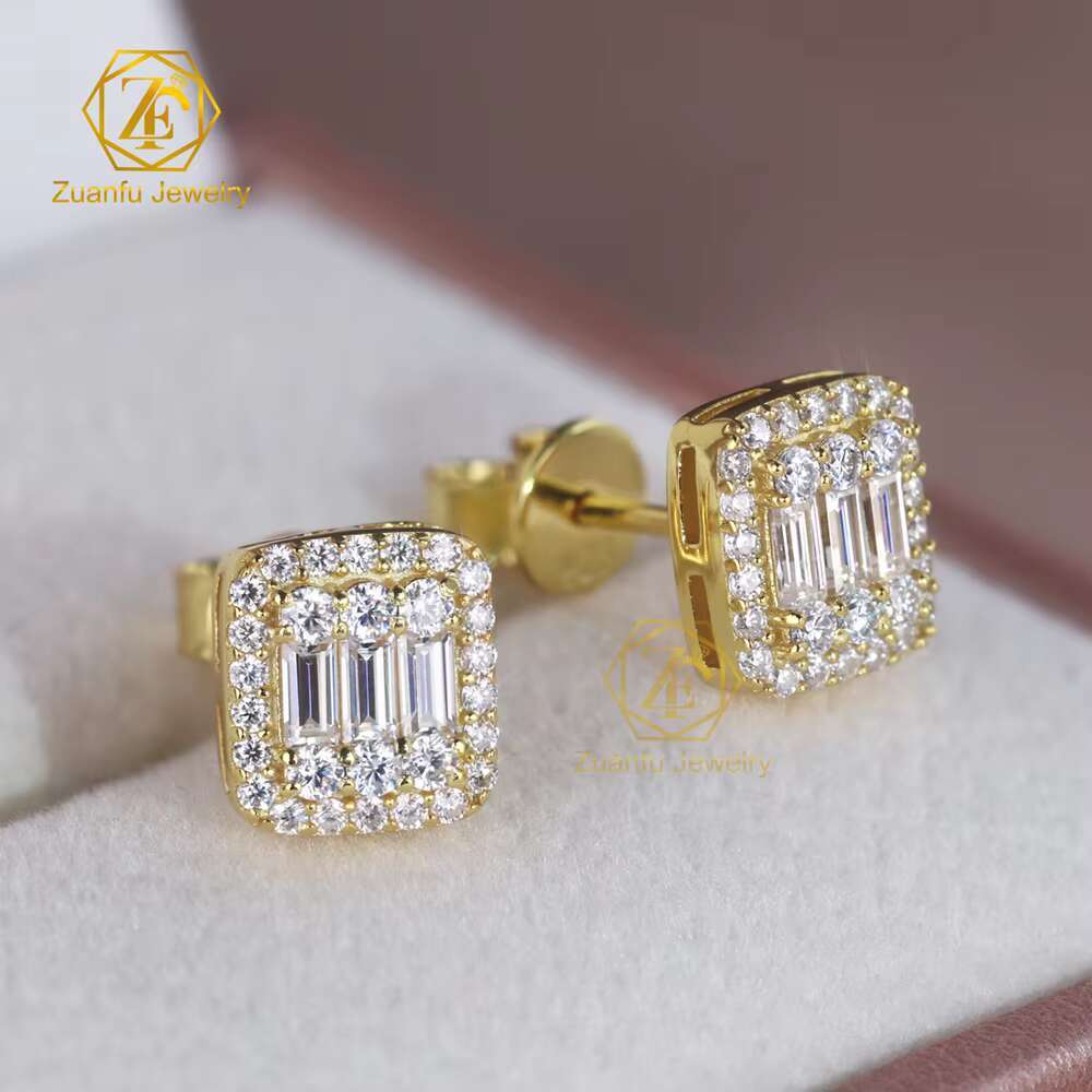 Wholesale Jewelry Hip Hop Iced Out Classic 925 Silver Baguette Moissanite Stud Earrings for Men Women