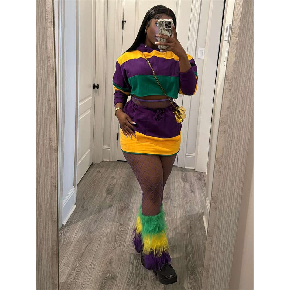 New Orleans Festival Color-Block Trendy Striped Loose Short Top With Tie Waist Bodycon Skirt Set B5