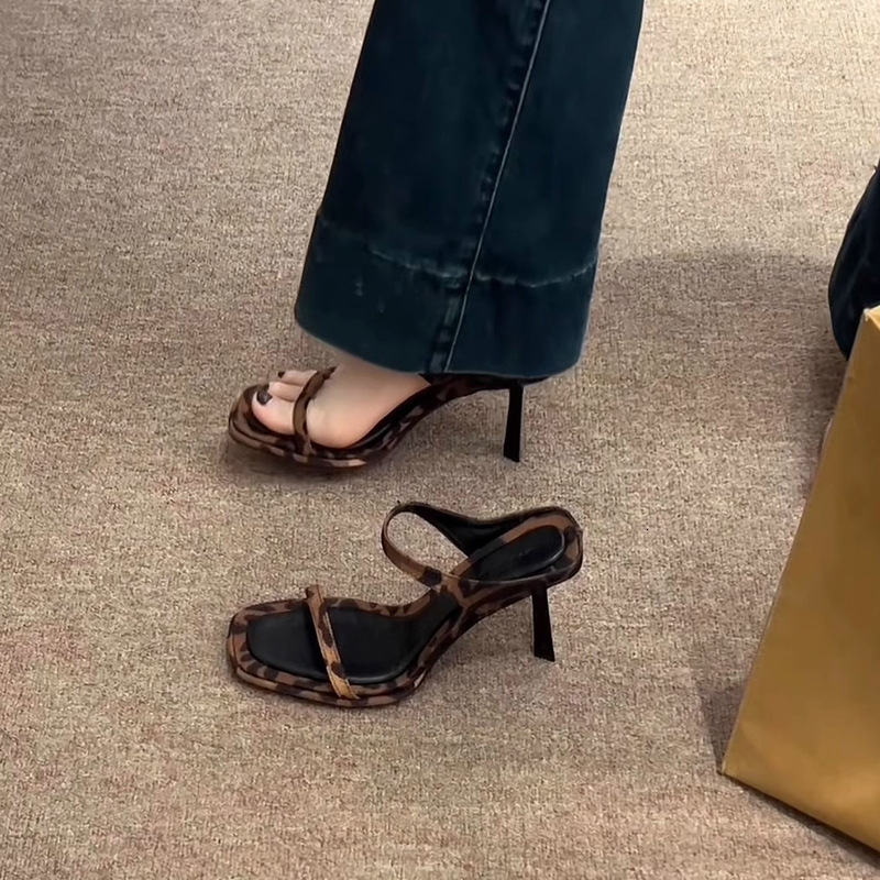 Ddmyoutdoor Summer New Trendy Sexy High For Women Leopard Print Square Open Toe Strap Thin Heel Sandals Outdoor Shoes