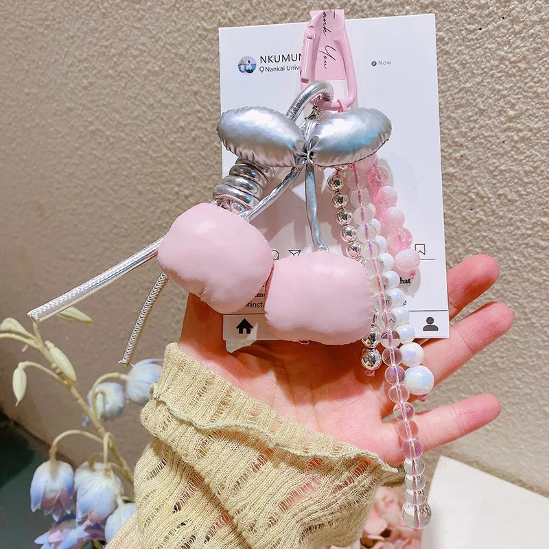 Fashion Silver Pink Cherry Stuffed Fruit Keychain Kawaii PU Leather Solid Color Beaded Braided Rope Charm Bag Car Pendant Keyfob 250610