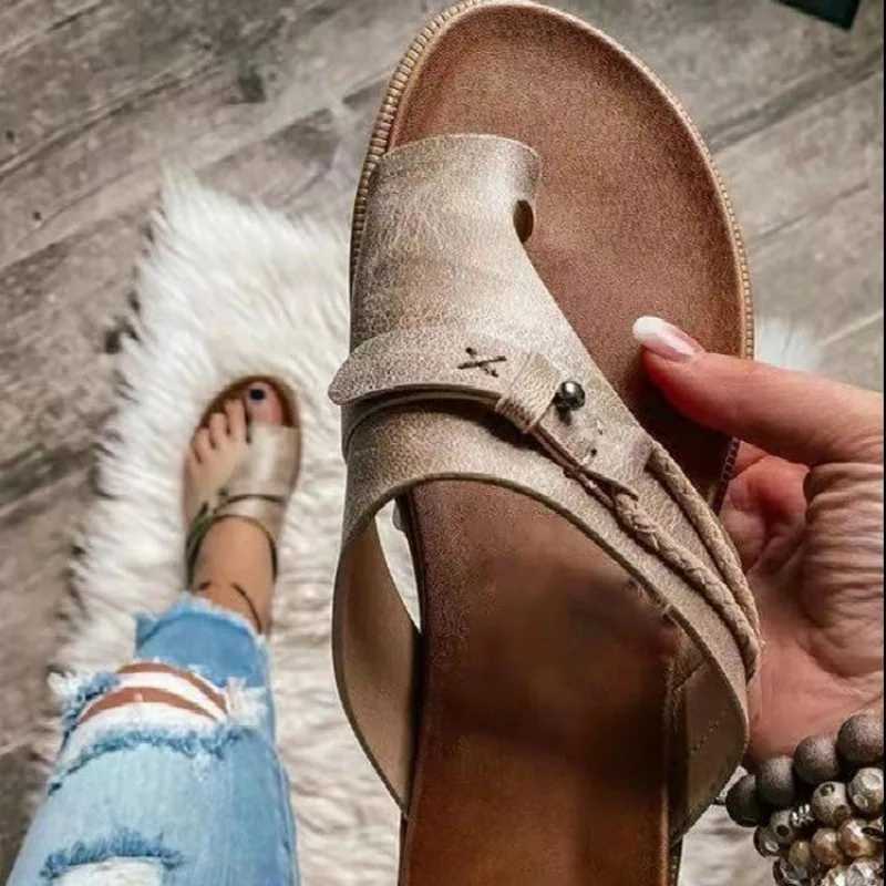 2024 Sandals for Women Orthopedic Bunion Corrector Slippers Leather Ring Toe Sandal Comfy Platform Flat Lady Shoes Plus Sizes 43 Z250614