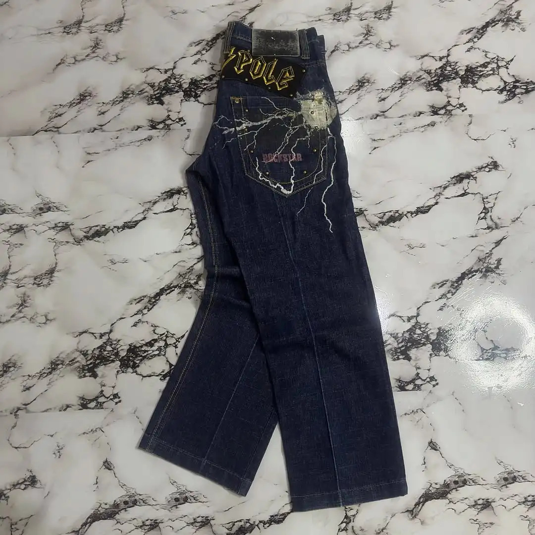 Womens Loose High Waist Y2K Jeans Street Trend Hiphop Blue Wideleg American Retro Patch Printed Straight Pants 250612