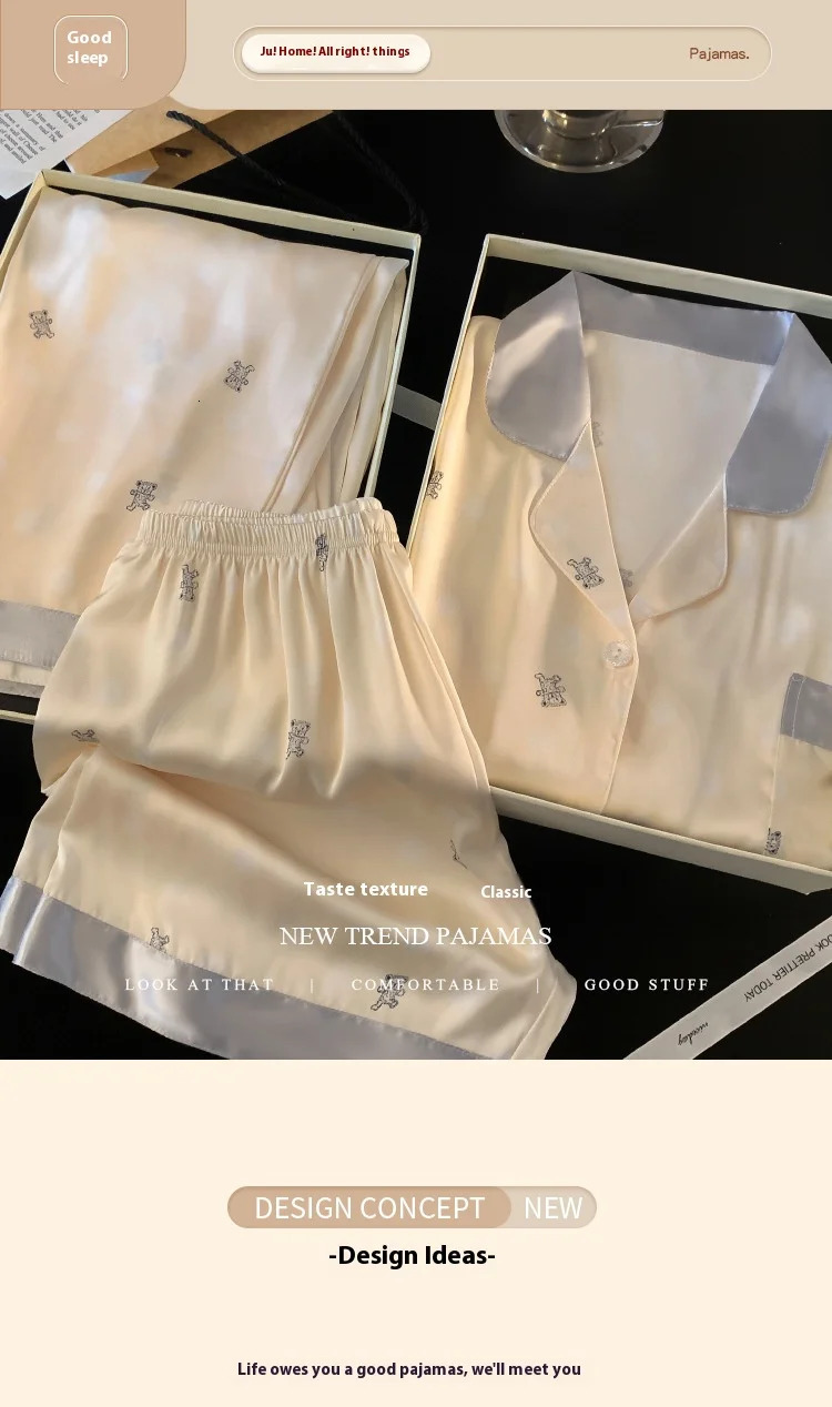 Spring and Summer Ladies Ice Silk Cardigan Leisure Three-Piece Pajamas Home Pajamas Short-Sleeved Bear Print Pajamas 250613