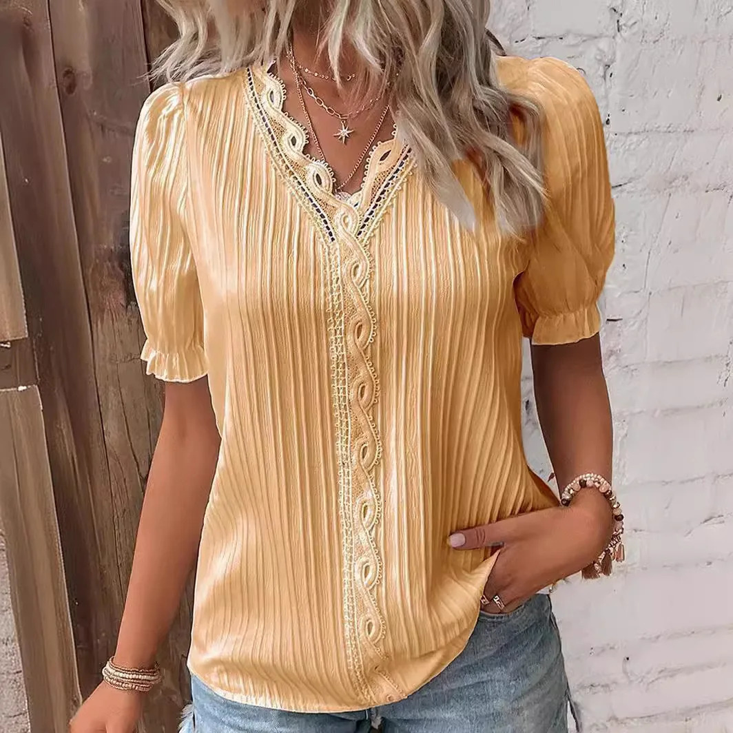 1pcs Summer Women TShirt Lady Short Sleeve Casual VNeck Tee Womens Pullover Lace Chiffon Shirt Female Holiday Fashion Tops 250614
