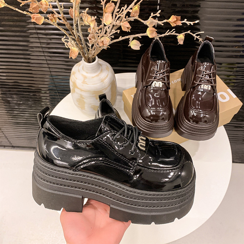 Ddmysports Platform Lace Up Spring New Style Petite Height Increasing Versatile Patent Leather Single Shoes For Women Lightweight Comfortable Outdoor 
