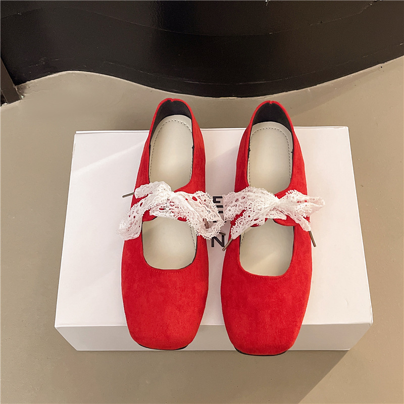 Ddmyoutdoor French Lace Mary Jane New Flat Up Versatile Square Toe Ballet Shoes For Women Outdoor Shoes