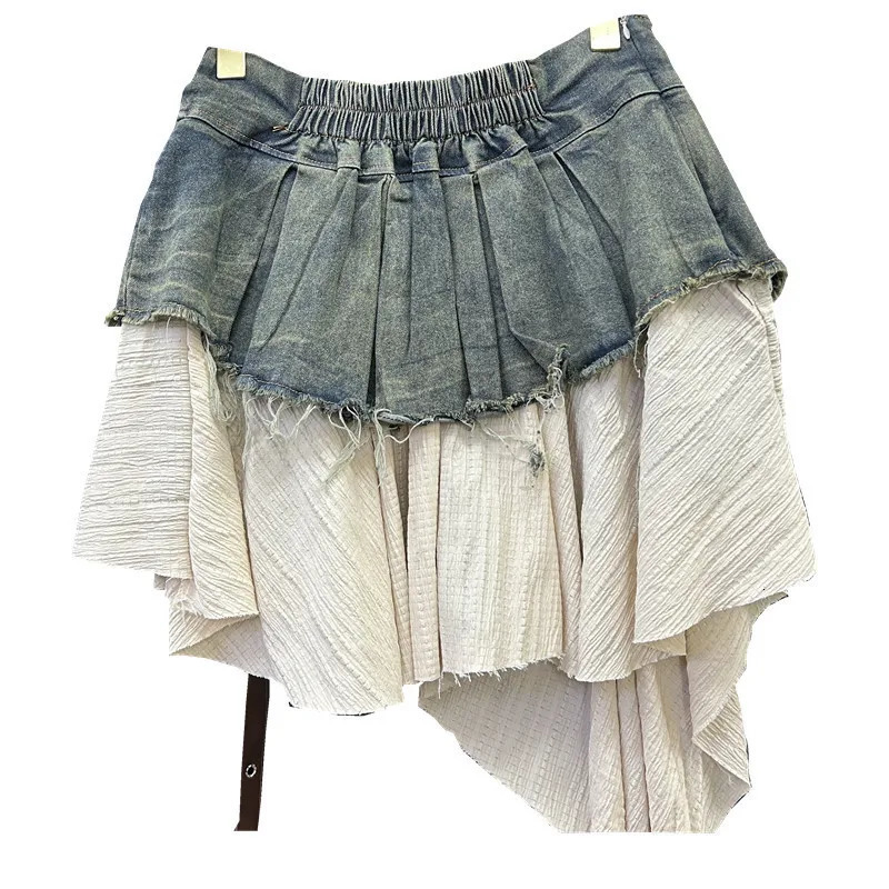 Retro Spliced Denim Pleated Skirt for Women Summer Temperament Girl Fashionable High Waist Aline Skirt 250612