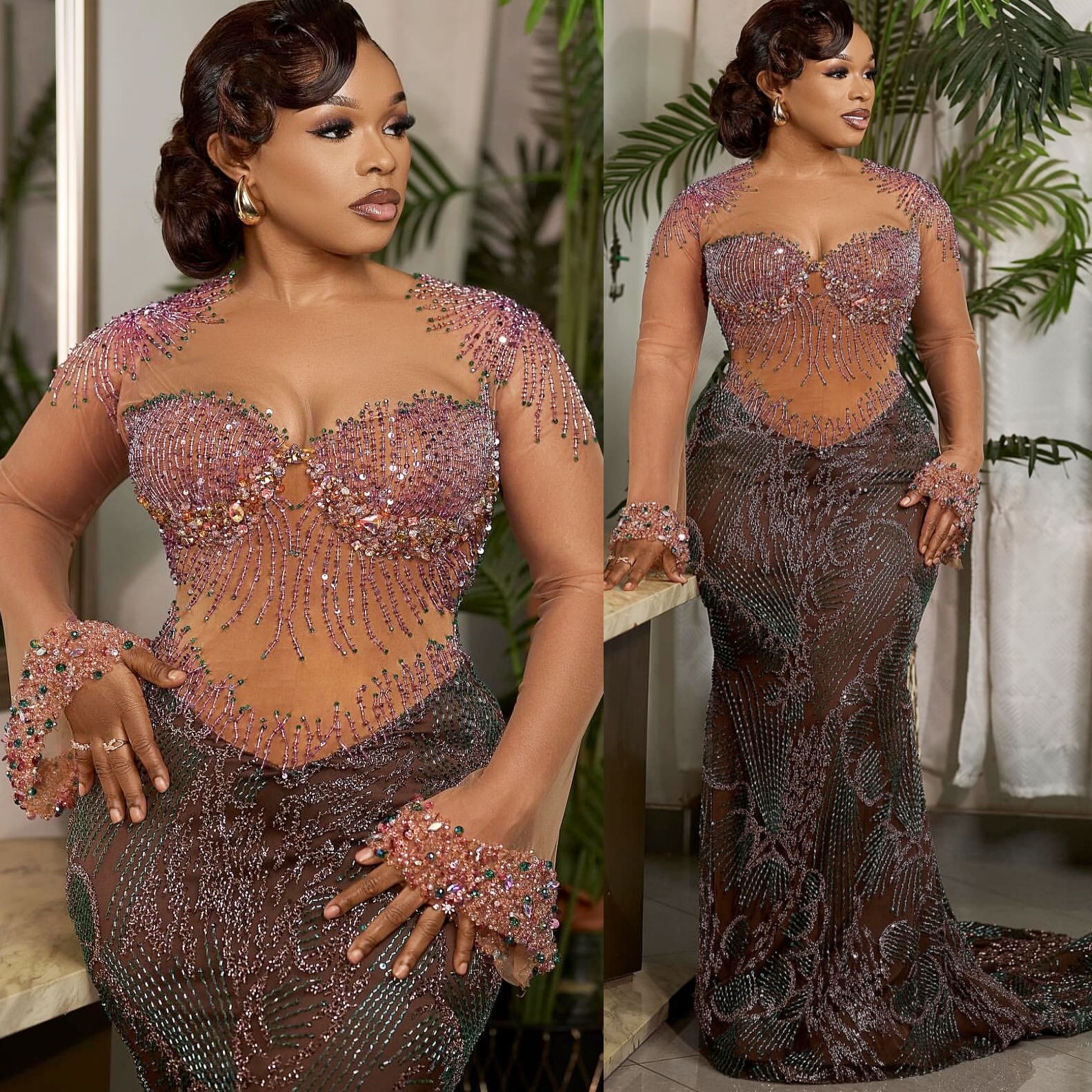 Chocolate Mermaid Prom Dresses 2025 Illusion Pearls Beaded Sequined Evening Formal Party Second Birthday Engagement Gowns Plus Size Dress For Special 