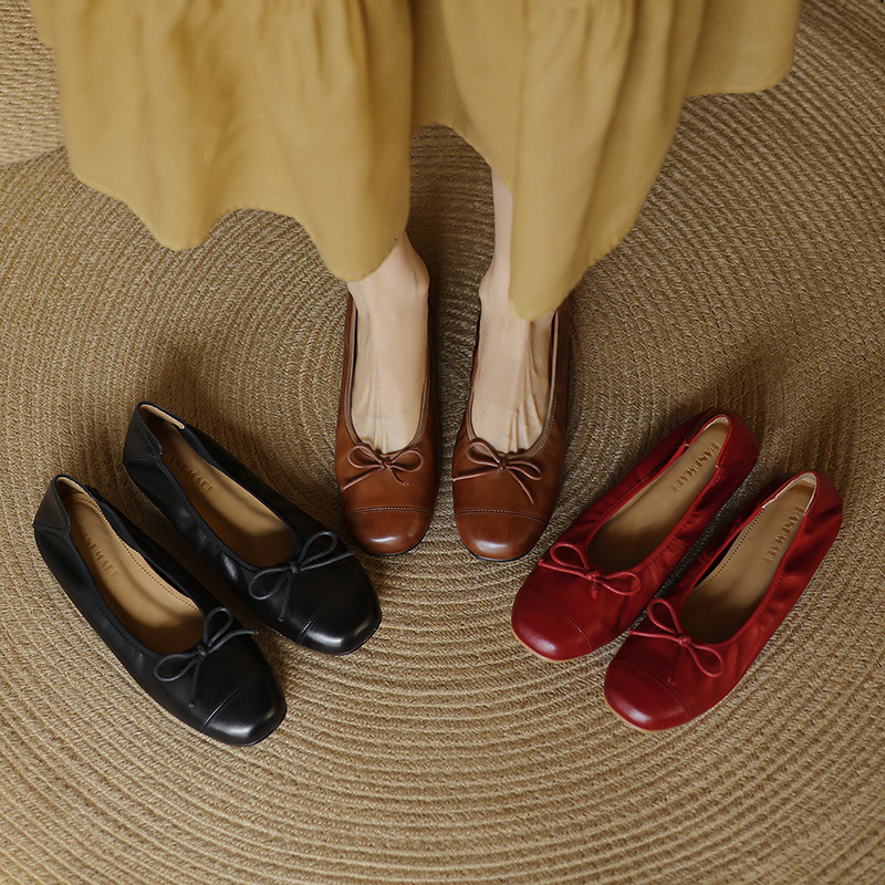 Ddmysheep Super Soft Top Layer Cowhide French Bow Square Toe Flat Ballet Grandma Shoes Brown