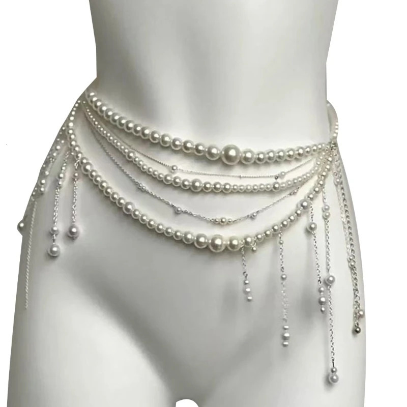 Pearls Beaded Waist Chain Women Elegant Tassels Decorative Waistband Multi Layered Body Jewelry for Party Daily Wear 250610