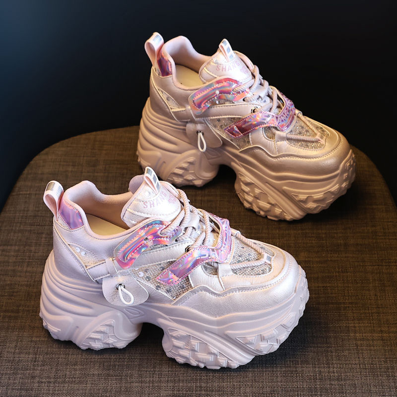 Petite Thick-Soled Height-Increasing Dad Sneakers 2025 Winter New Korean Fashion Sequin Casual Designer casual shoes High-Heeled Shoes for Women