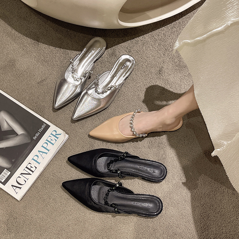 Ddmyoutdoor Ddmyoutdoor French Style Silver Rhinestone Peep Toe Mules For Women Outdoor Wear New Summer Low Heel Half Slippers Shoes Outdoor Shoes