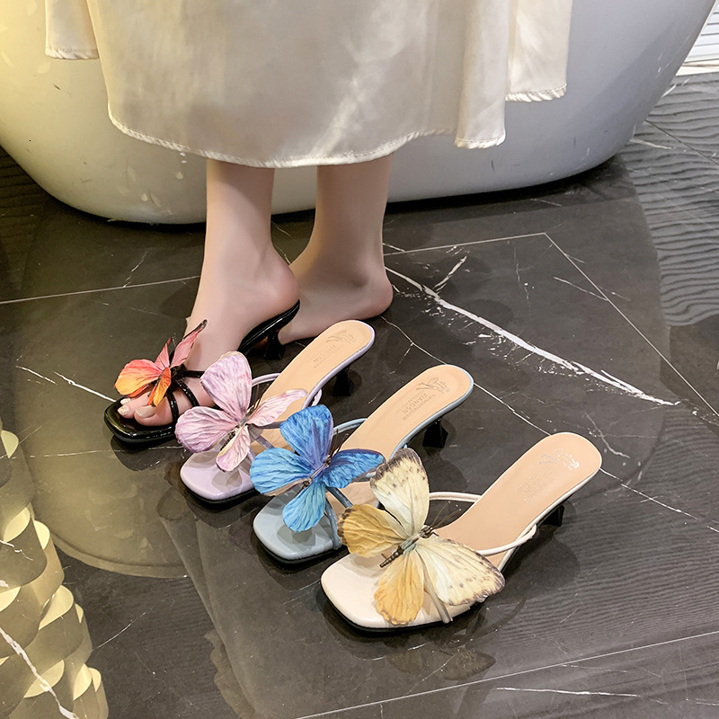 Ddmyoutdoor Open Toe Slippers For Women Sexy Butterfly High Heels Summer New Fairy Style With Dress Outdoor Mid Heel Sandals Outdoor Shoes