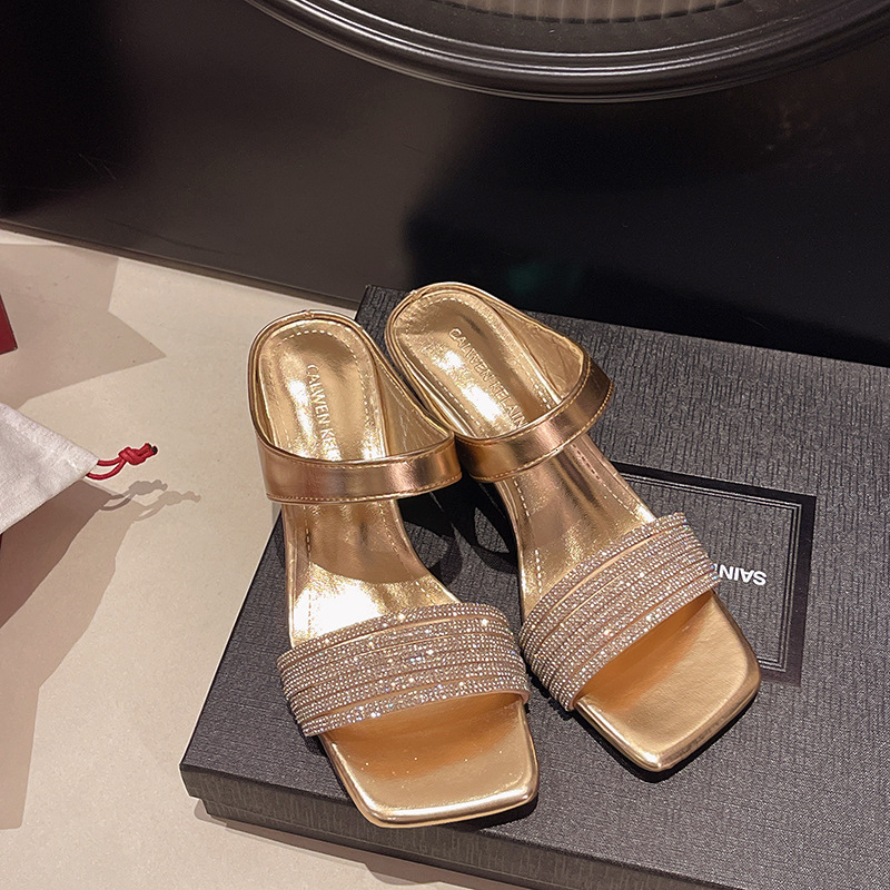 Ddmyoutdoor Rhinestone High Slippers Summer Outdoor Square Toe One Strap Chunky Heel Mid Fashion Sandals For Women Outdoor Shoes