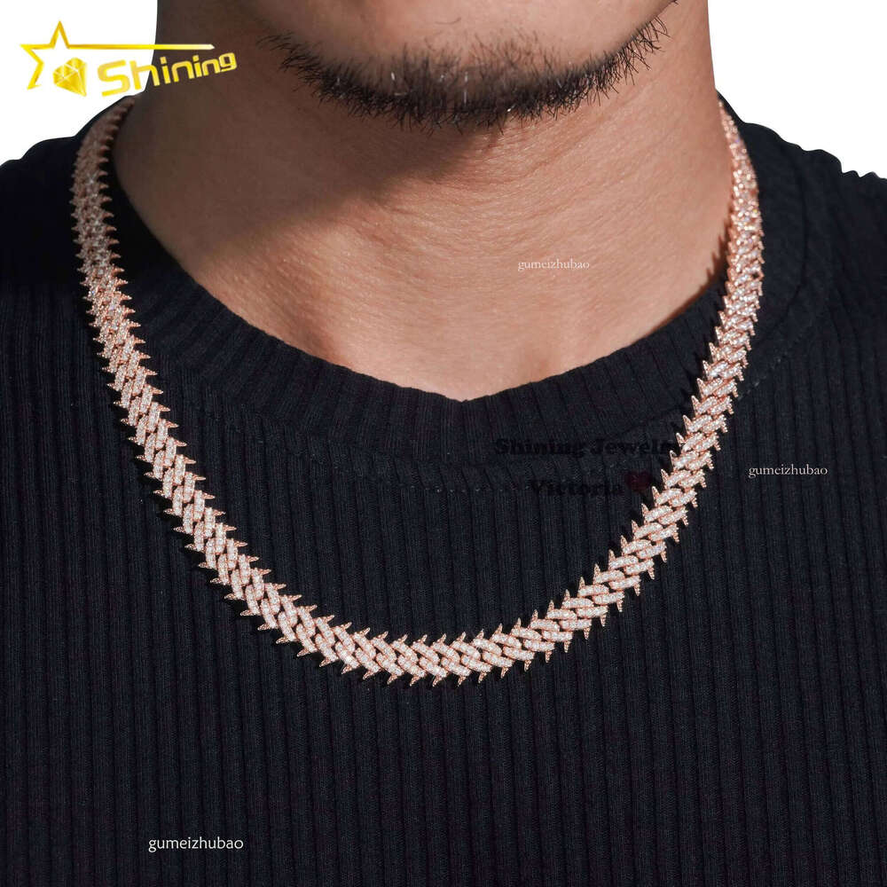 Hot Sale Soild Sier Rose Gold Plated Hip Hop Necklace 10MM VVS Moissanite Dia Spike Cuban Link Chain
