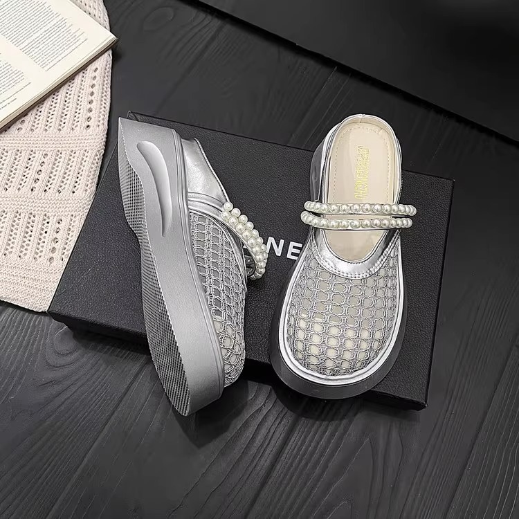 Ddmysports New Thick Soled Height Increasing Pearl Super Popular Slip On Closed Toe Half Slippers For Women Summer Outdoor Hollow Out Sandals Outdoor 
