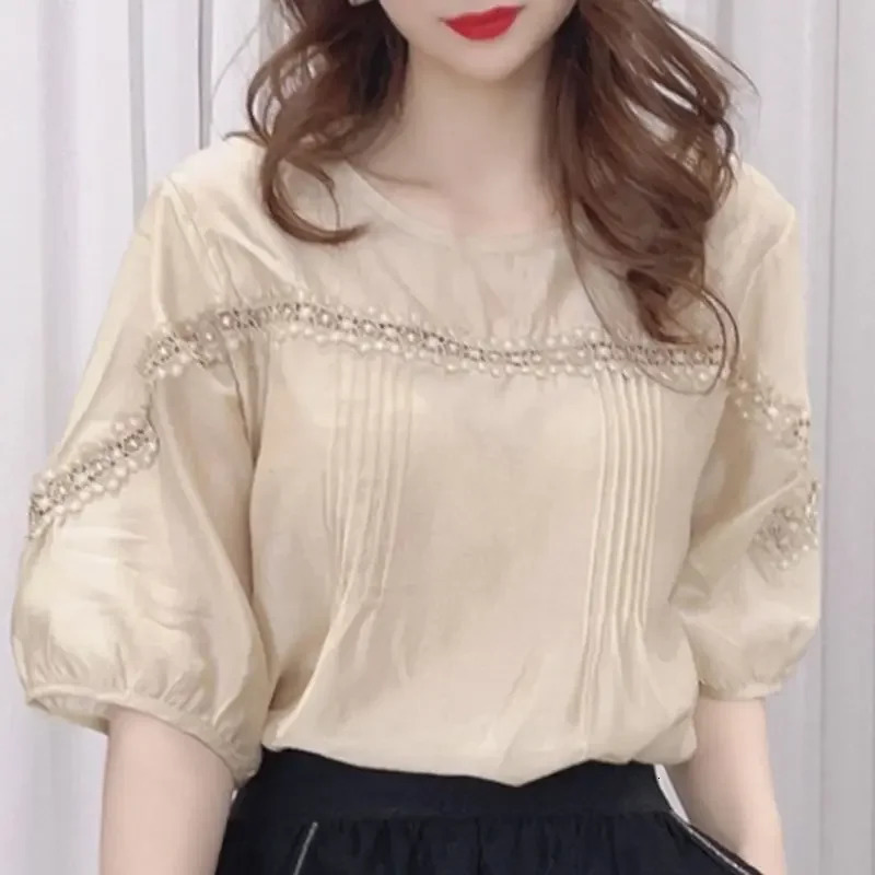 Loose Ice Silk Cotton Blouse Womens Summer Style Lace Splicing Hollow Bubble Sleeve Short Sleeve Top Large Size 250609