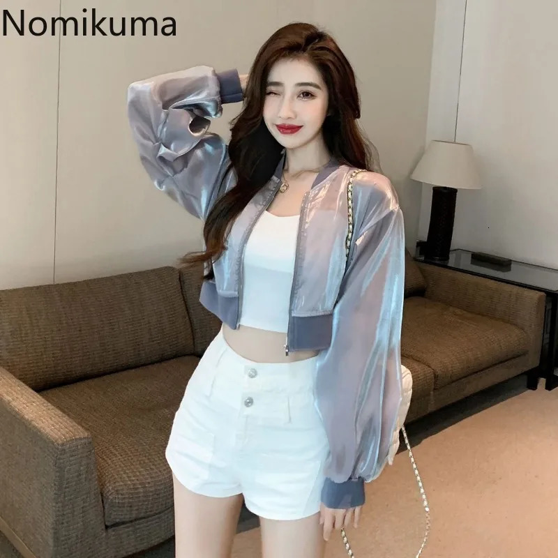 Streetwear Summer Women Jackets Stand Neck Long Sleeve Zipper Y2k Tops Womens Fashion See Through Casual Crop Coat 250611