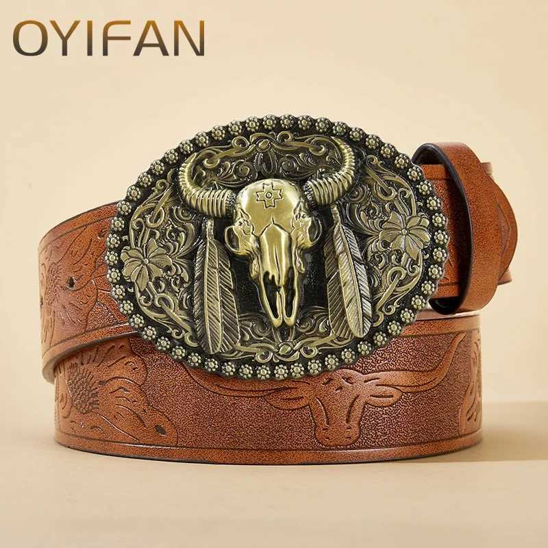 OYIFAN Cowgirl Belt Western Cowboy Leather Belt Men Waist Strap Bl Decoration Floral Engraved for Jeans X250614