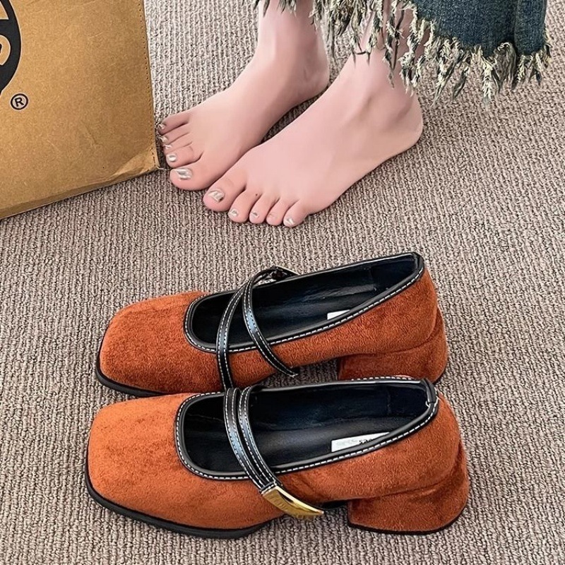 Ddmysports Spring New Square Toe Shallow Mouth Mary Jane Versatile Niche One Strap Chunky Heel Single Shoes High Heels Outdoor Shoes