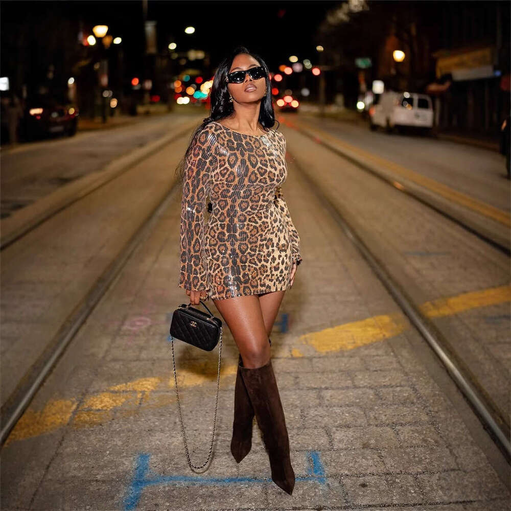 New Fashion Square Neck Leopard Print Slim Fit Sexy Long Sleeve Sequin Design Bodycon Dress For Women B5