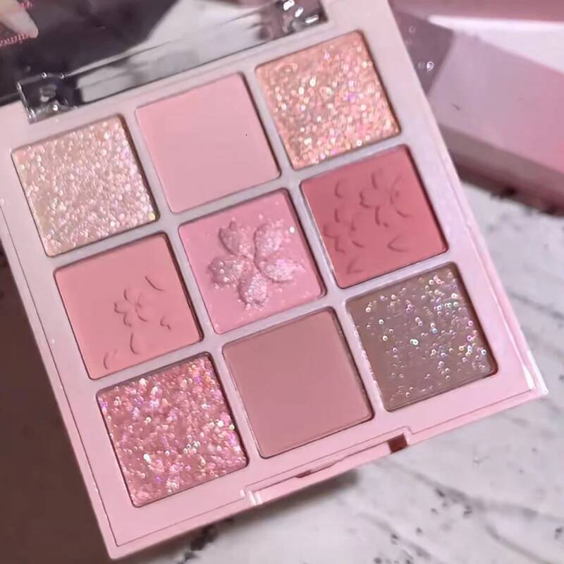9-Color Flower Petal Eyeshadow Palette Glitter Milk Pink Peach Blush Fine Shimmer Matte Eye Pigments Shiny Long-lasting Makeup