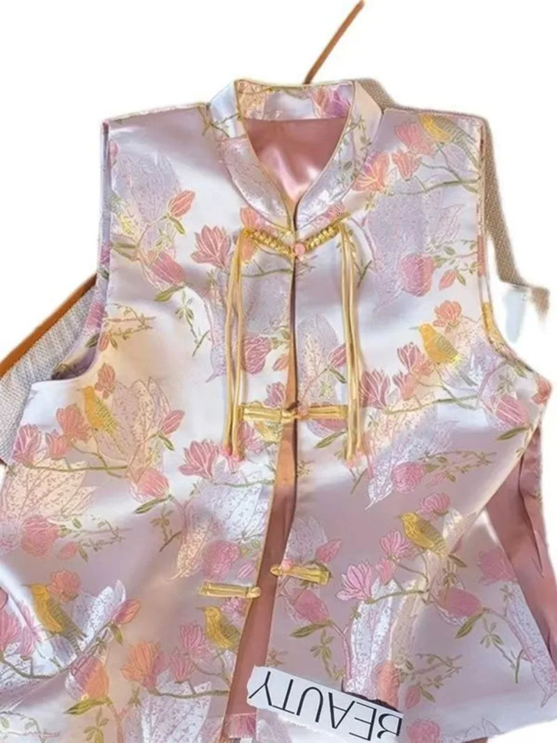 Spring Chinese Style Tassels Buckle Jacquard Sleeveless Vest Jackets Women TangSuit Cheongsam Vintage Coats Tops 250611