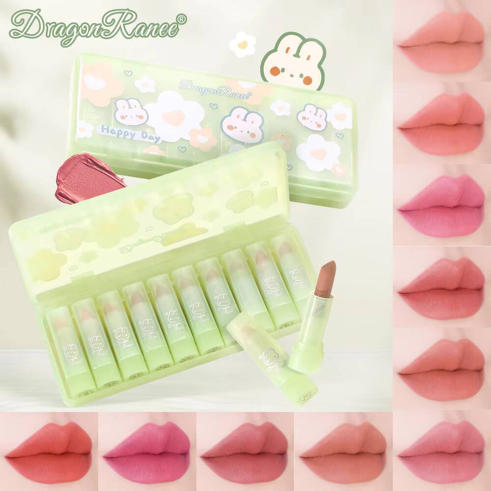 Dragon Ranee10pcs Matte Velvet Green Bunny Translucent Waterproof Sweatproof Non-Stick Lipstick Set happy