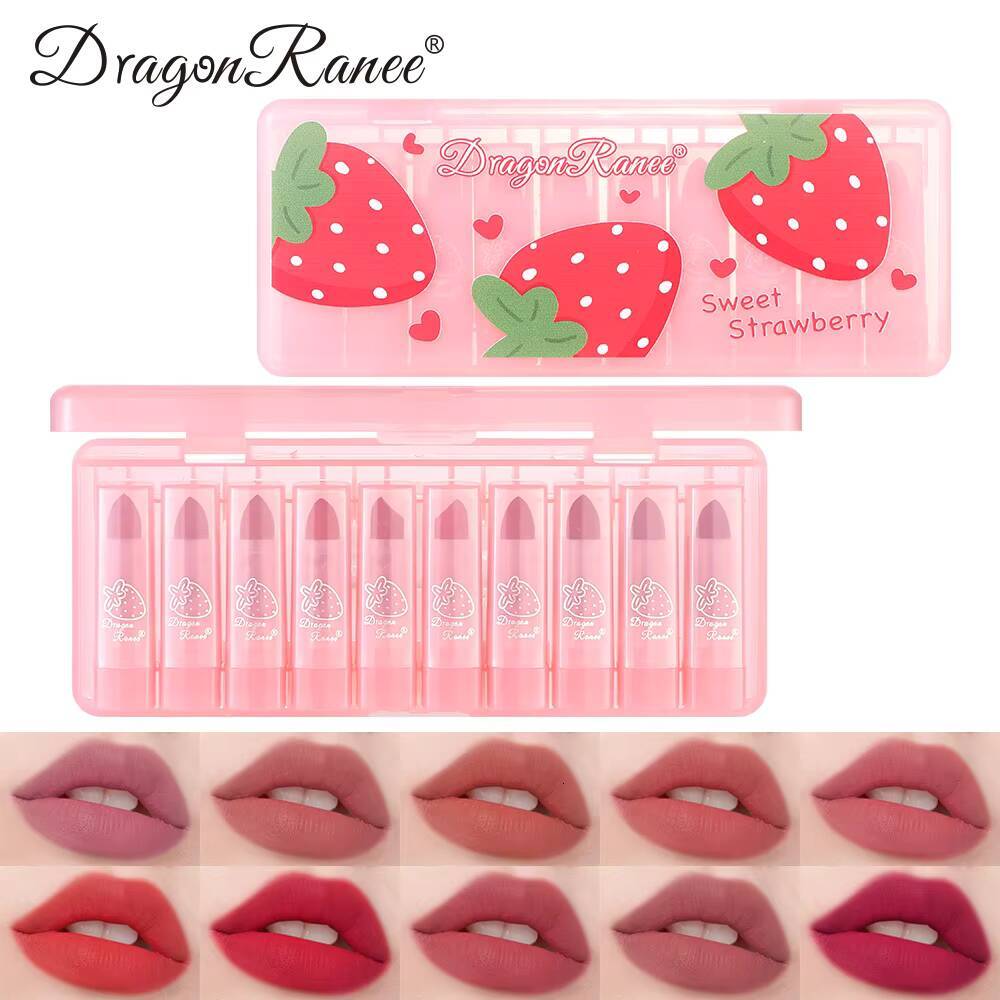Dragon Ranee Matte Velvet Pink Strawberry Translucent 10 Pieces Waterproof Sweatproof Non-Stick Lipstick Set happy