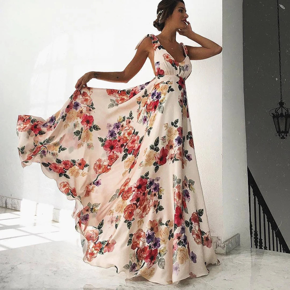 Boho style long dress Beach holiday halter maxi print Summer slip womens dress 250611