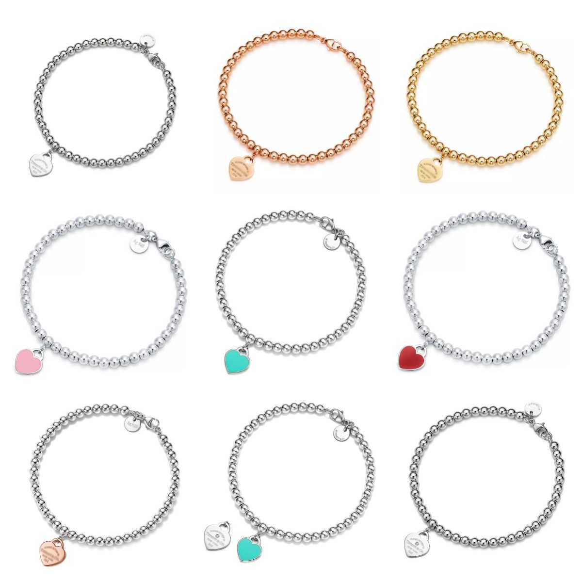Classic epoxy enamel 4mm bead bracelet heart-shaped 18K rose gold diamond-studded round bead bracelet 17cm S25107