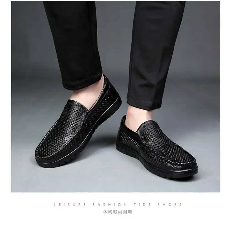 Fi Leather Hollow Summer Soft Sole Mens Loafers Designer New Platform Business Dress Shoes Men Casual Sandals Shoes Man XJ250614