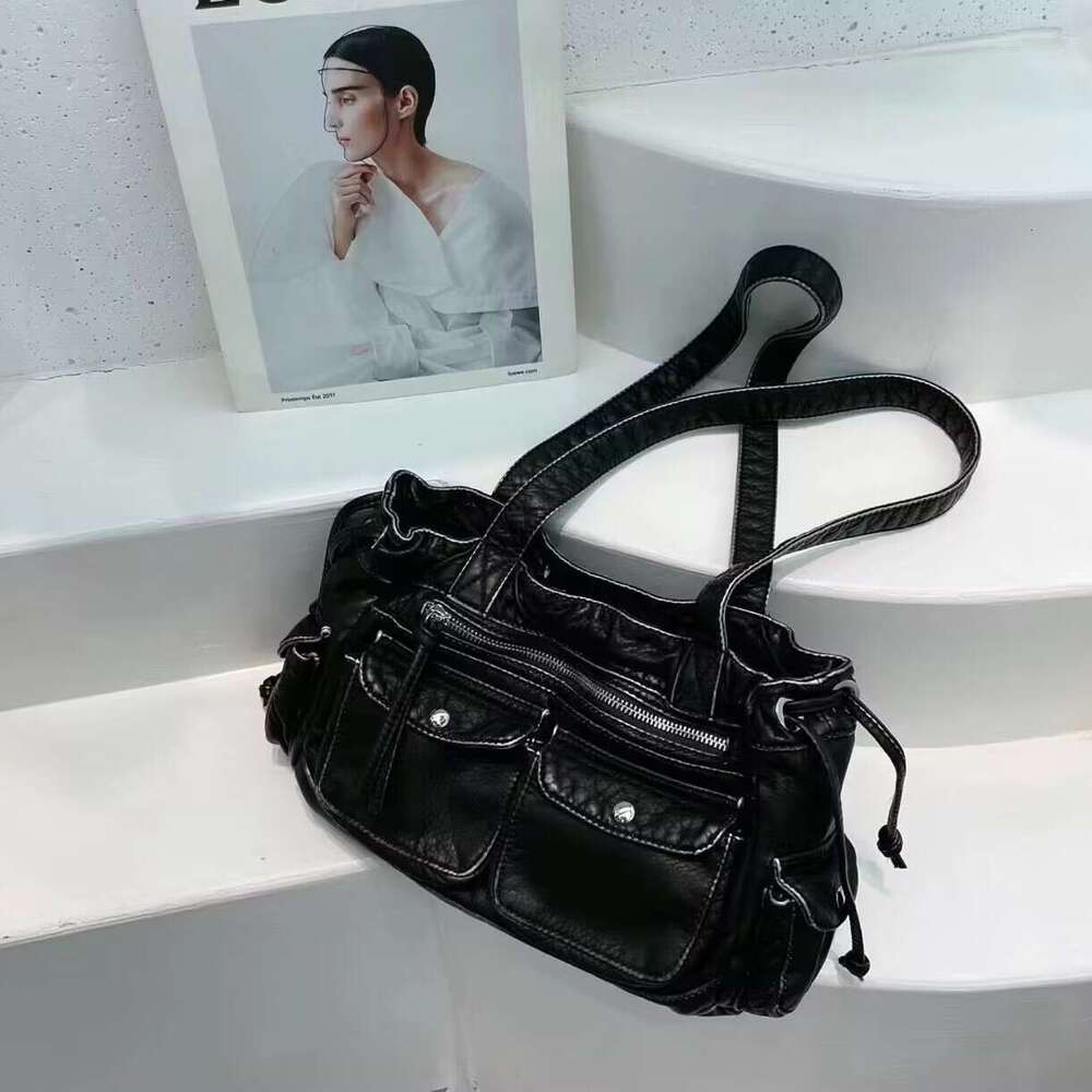 2025 New Fashion Underarm Punk Washed PU Shoulder Bag for Women Niche Design Drawstring Closure Motorcycle