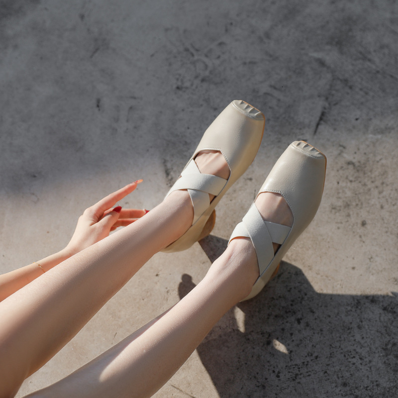 Ddmysheep Ddmysheep Genuine Leather Mary Jane New Cross Strap Square Toe Pleated Ballet High Heel Outdoor Single Shoes For Women