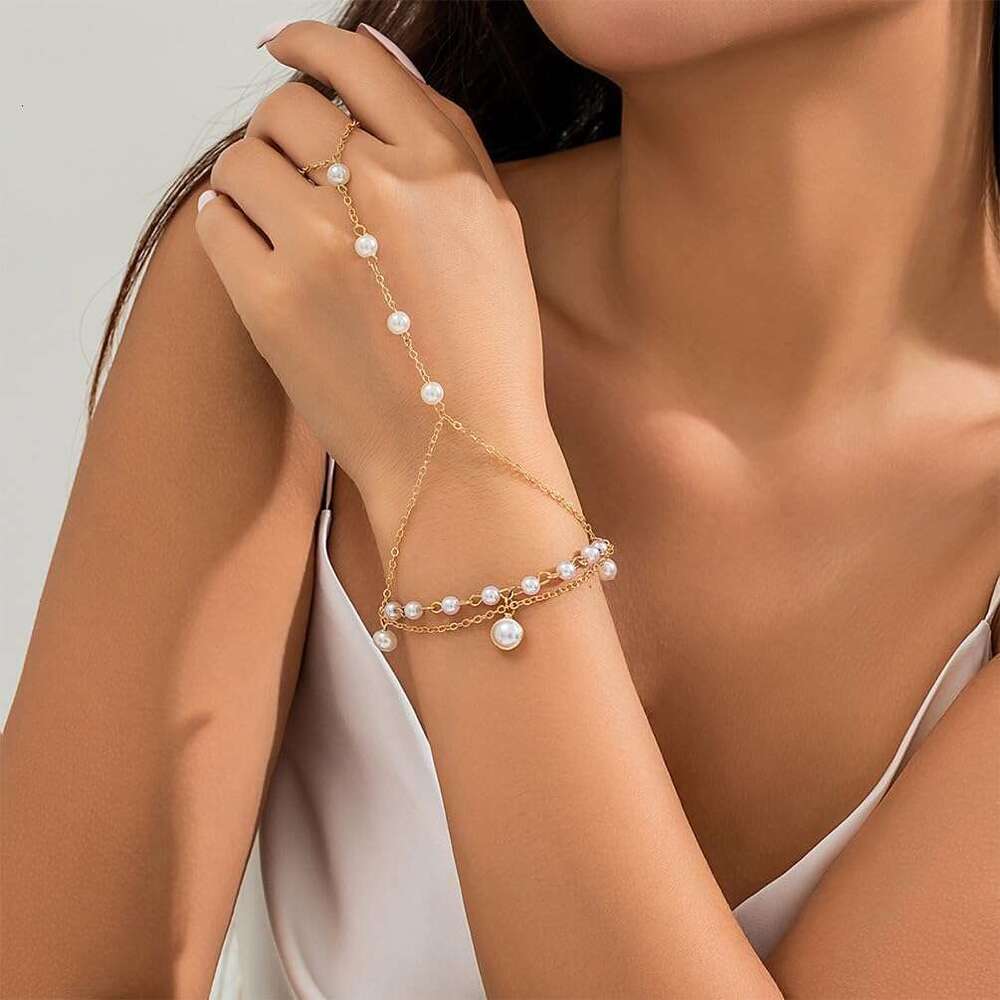 Cute Beaded Pearl Gold Hand Chain Bracelets Rings for Women Dainty, Exquisite Beads Pearls Finger Ring Slave Bracelet Party Prom Jewelry Accessories G