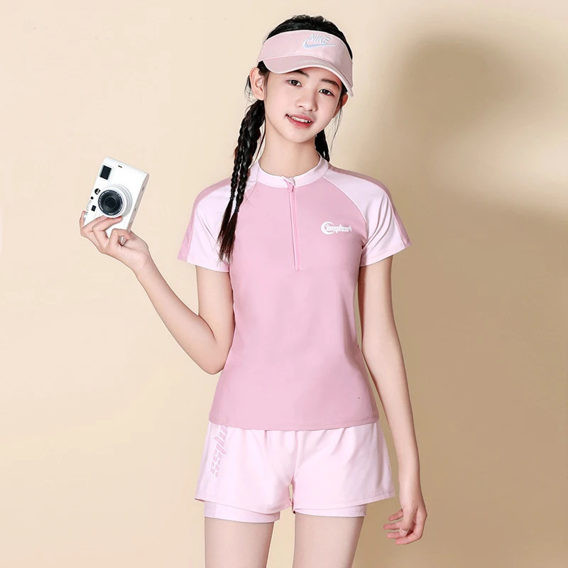 Two Piece Short Sleeve Bathing Suits For Teen Girls Swimsuit With -two Shorts Kids Swimwear Children Swimming Suit Beachwear 250614
