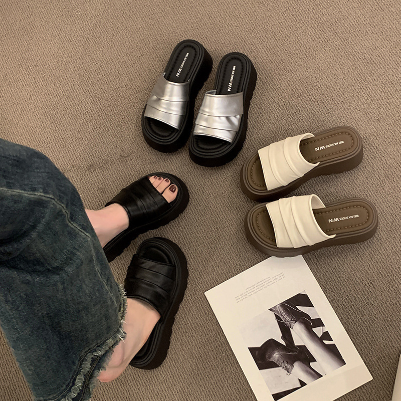 Ddmyoutdoor Wrinkled Leather Thick Soled One Strap For Women Summer New Versatile Casual Outdoor Platform Height Increasing Sandals Outdoor Shoes