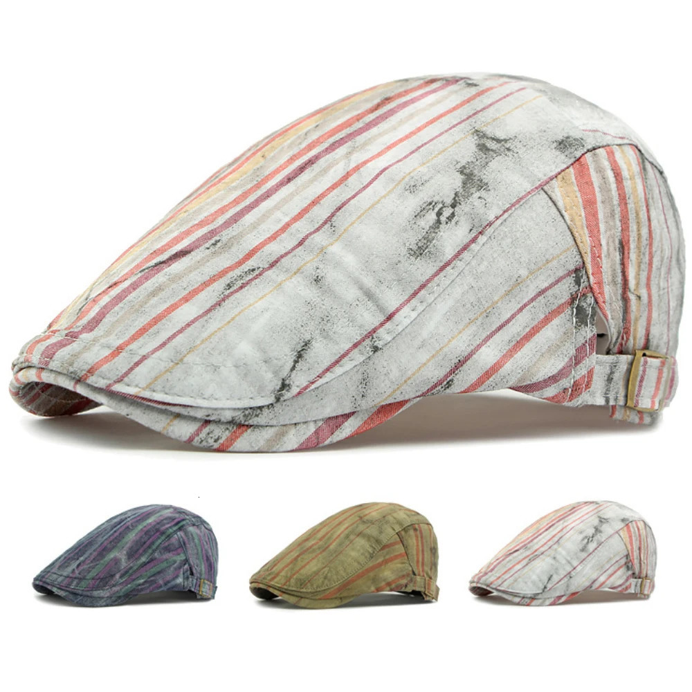 HT79 Men Women Berets Artist Painter Beret Hat Striped Spring Summer Sun Hat Male Female Ivy Flat Cap Adjustable Beret Cap 250604