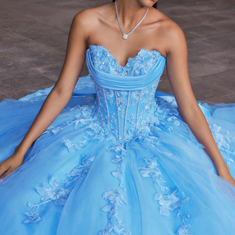 Sky Blue Shiny Quinceanera Dresses Ball Gown Off The Shoulder Applique Lace Beading Crystal Bow Tull Sweet 16 Dress Vestidos 15 De Anos