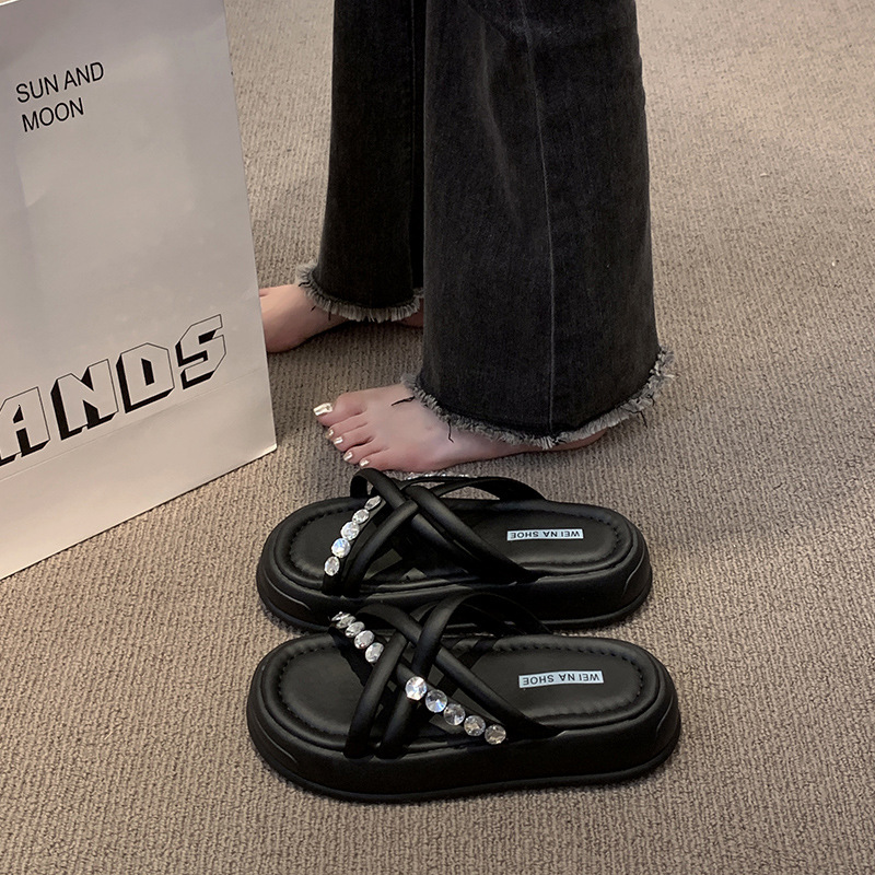 Ddmyoutdoor Summer Women S Slippers Skirts New Style Comfortable Thick Soled Height Increasing Rhinestone Beach Sandals For Petite Outdoor Shoes