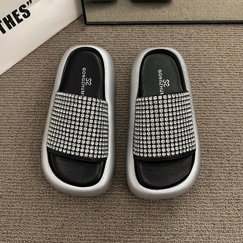 Ddmyoutdoor Platform Height Increasing One Strap Slippers For Women Summer Outdoor Rhinestone Wedge Fashion Sandals Outdoor Shoes