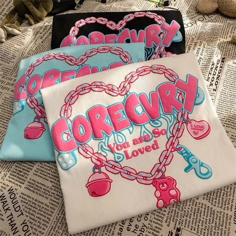 Harajuku Oversized T-Shirt Women - Chain Love Graffiti Print Streetwear Tee, Hip Hop Loose Fit Summer Casual Top