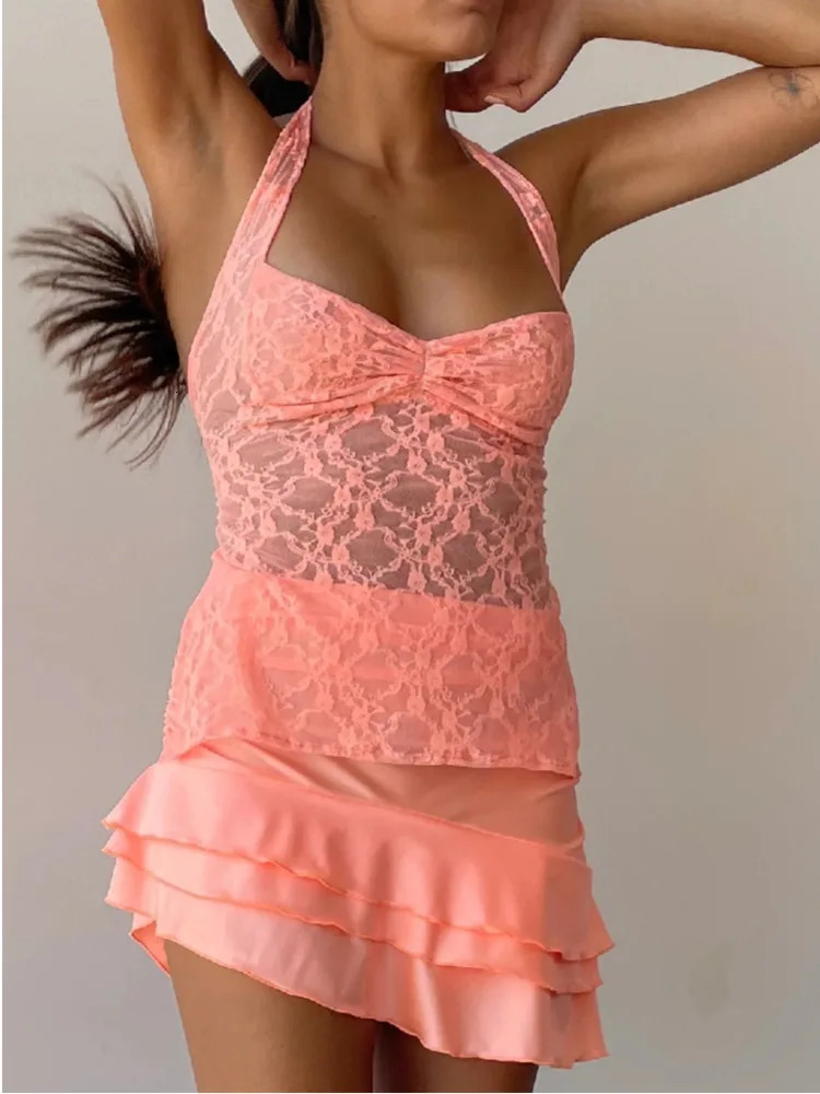 JULISSA MO Ladies Sexy Halter Bandage Lace See Through Crop Top For Women Summer Backless Slim Party Tops Vest 250611