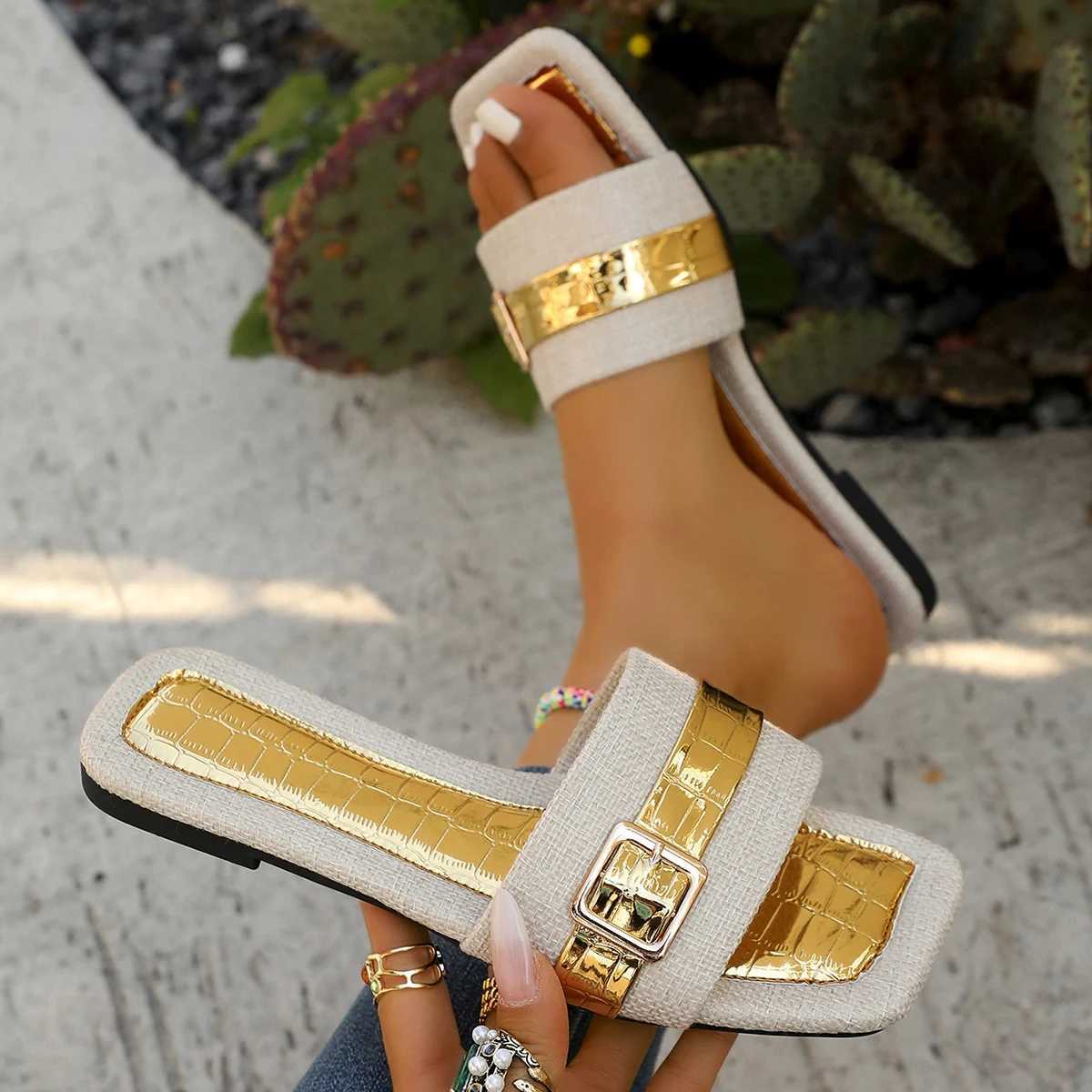 Fashion Metal Decor Flat Slippers Women 2025 Summer Non Slip Beach Sandals Woman Plus Size 43 Outdoor Slides Flip Flops Z250614