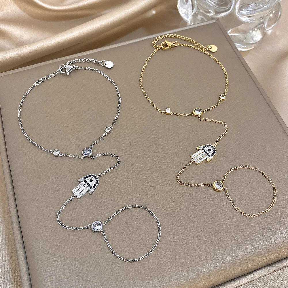 Devils Eye Palm Zircon Chain Bracelet for Women Link Connected Stainless Steel Finger Ring Bracelets Hand Harness Jewelry 250610
