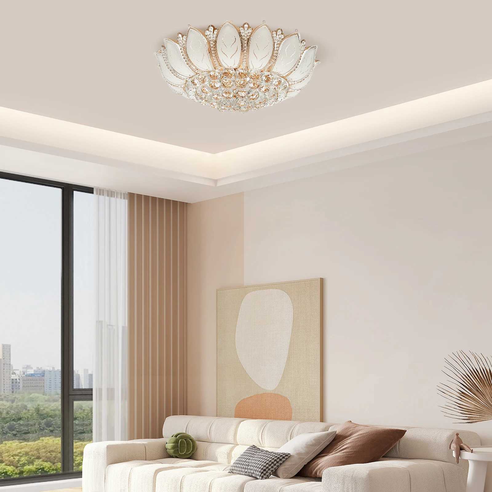 Modern Crystal Chandelier Dimmable Luxury Flush Mount LED Ceiling Lamp - Lotus Flower Shape Pendant Lighting Fixture 110V Gold XJ2500613