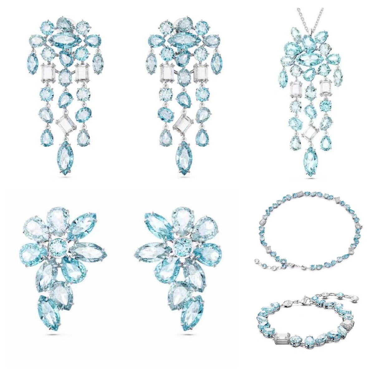 Luxury Blue Austrian Crystal Bracelet Earrings Necklace Set Jewelry Women Shine Sea Blue Zircon Dopamine candy Earring Bracelets Necklaces Birthday Gift