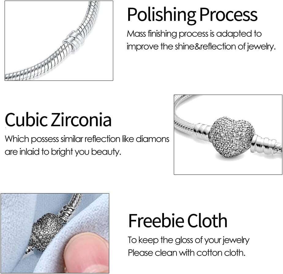 Sterling Sier Snake Chain Bracelet Fit Charms,Heart Clasp Bracelets Perfect For Any Glamour Gift for Women with 5 A Cubic Zirconia